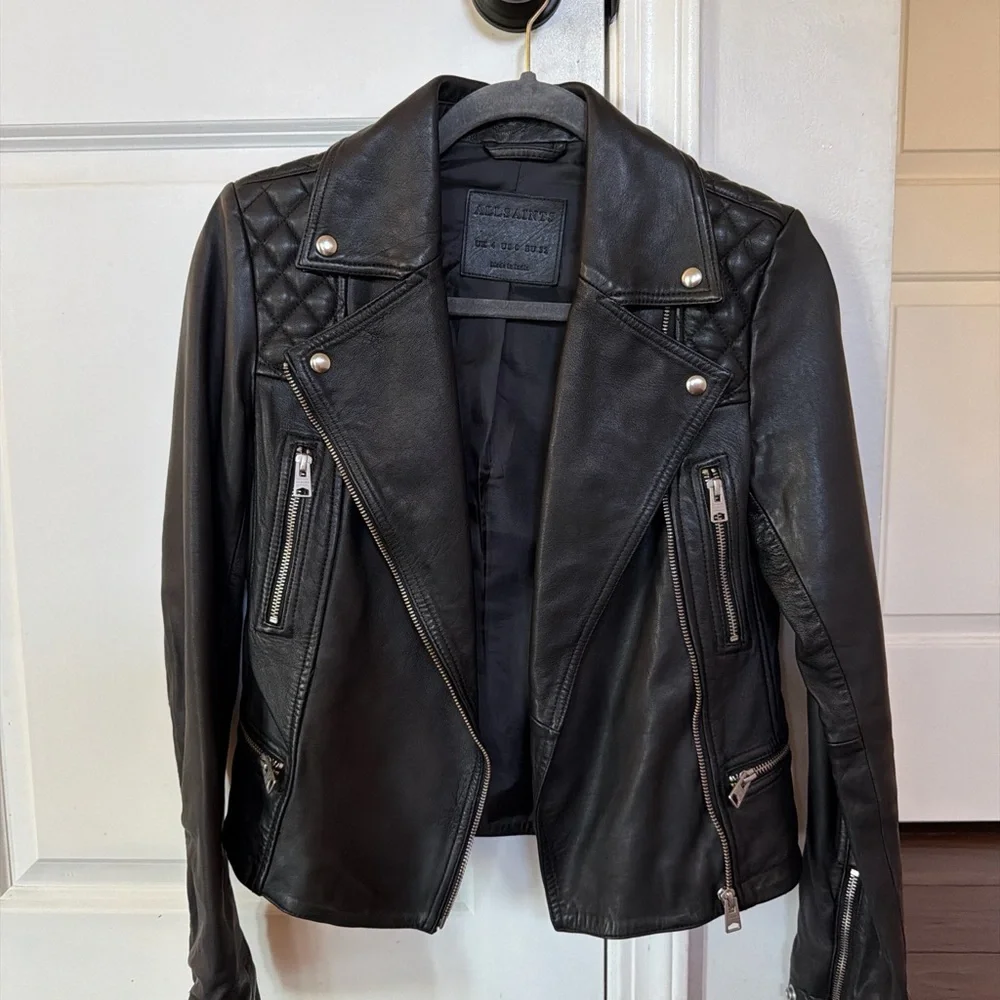 All Saints Quilted Black Leather Jacket - Picture 5 of 8